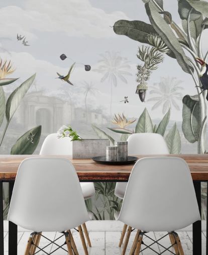 wit en groen aanpasbaar vintage junglebehang genaamd Botanical Beauty van Sir Edward voor de woonkamer