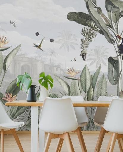 papel de parede de selva vintage personalizável branco e verde chamado Botanical Beauty de Sir Edward para sala de estar papel de parede de selva vintage personalizável branco e verde chamado Botanical Beauty de Sir Edward para sala de estar