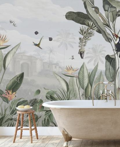 hvitt og grønt tilpassbart vintage jungel tapet kalt Botanical Beauty av Sir Edward for stuen