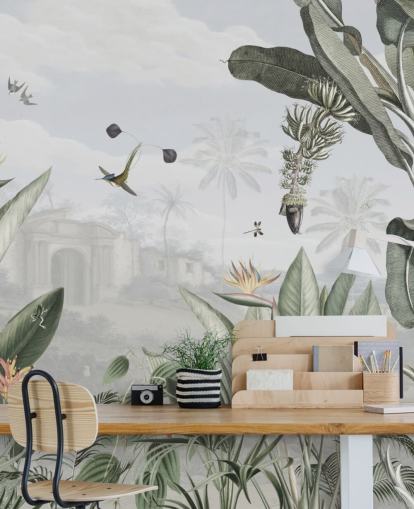 wit en groen aanpasbaar vintage junglebehang genaamd Botanical Beauty van Sir Edward voor de woonkamer