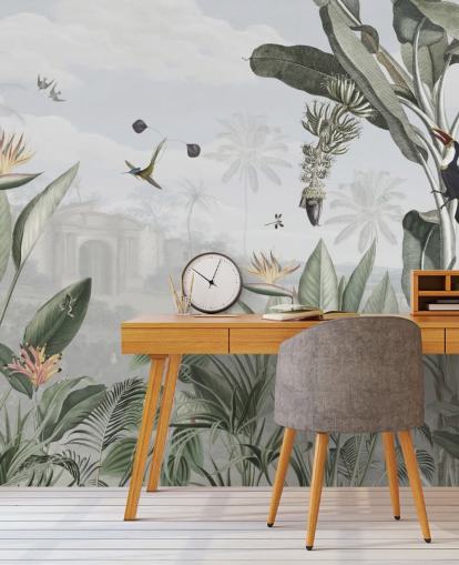 hvid og grøn tilpasselig vintage jungle tapet kaldet Botanical Beauty af Sir Edward til stuen hvid og grøn tilpasselig vintage jungle tapet kaldet Botanical Beauty af Sir Edward til stuen