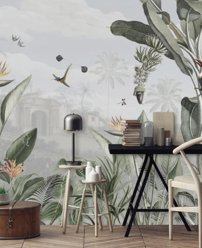 papel pintado vintage personalizable blanco y verde de la jungla llamado Botanical Beauty de Sir Edward para sala de estar papel pintado vintage personalizable blanco y verde de la jungla llamado Botanical Beauty de Sir Edward para sala de estar