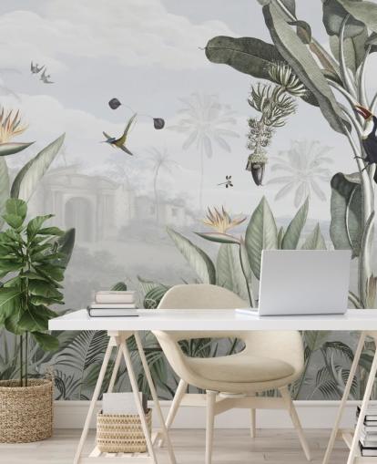 white and green customizable vintage jungle wallpaper called Botanical Beauty by Sir Edward for living room