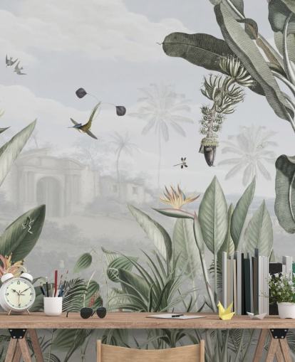 hvid og grøn tilpasselig vintage jungle tapet kaldet Botanical Beauty af Sir Edward til stuen