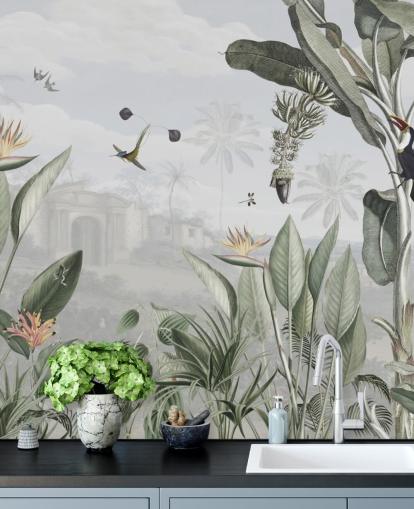white and green customizable vintage jungle wallpaper called Botanical Beauty by Sir Edward for living room