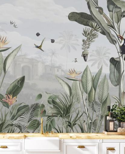 vit och grön anpassningsbar vintage djungel tapet kallad Botanical Beauty av Sir Edward för vardagsrummet