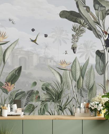 papel de parede de selva vintage personalizável branco e verde chamado Botanical Beauty de Sir Edward para sala de estar