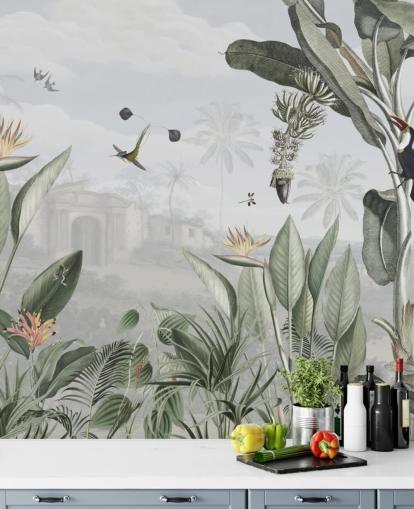 hvid og grøn tilpasselig vintage jungle tapet kaldet Botanical Beauty af Sir Edward til stuen