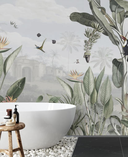 carta da parati vintage personalizzabile bianca e verde chiamata Botanical Beauty di Sir Edward per soggiorno