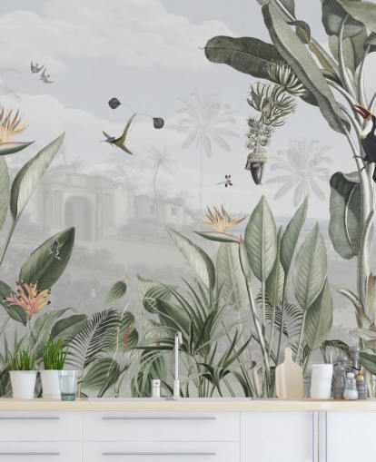 hvid og grøn tilpasselig vintage jungle tapet kaldet Botanical Beauty af Sir Edward til stuen