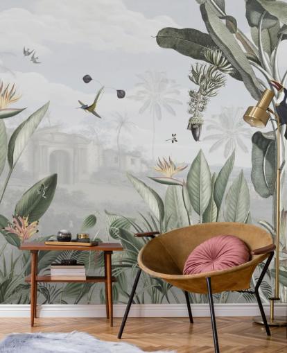 Weiße und grüne anpassbare Vintage-Dschungel-Tapete namens Botanical Beauty von Sir Edward für das Wohnzimmer