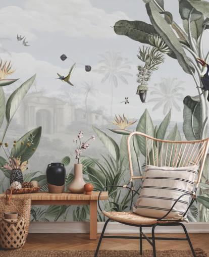 vit och grön anpassningsbar vintage djungel tapet kallad Botanical Beauty av Sir Edward för vardagsrummet