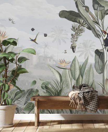 papel de parede de selva vintage personalizável branco e verde chamado Botanical Beauty de Sir Edward para sala de estar