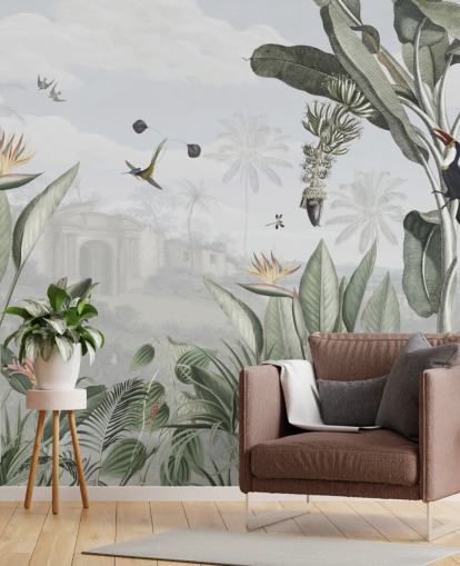 papel pintado vintage personalizable blanco y verde de la jungla llamado Botanical Beauty de Sir Edward para sala de estar