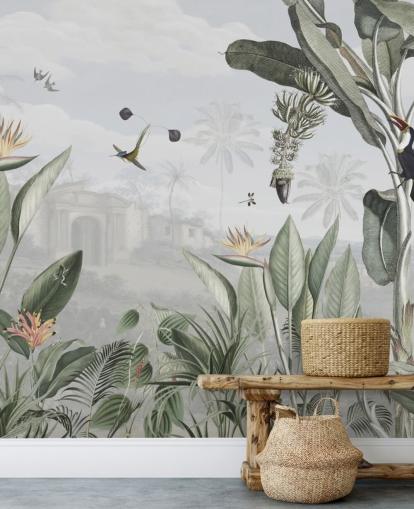 white and green customisable vintage jungle wallpaper called Botanical Beauty by Sir Edward for living room