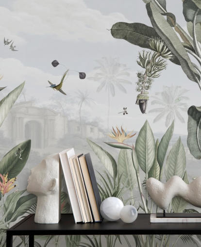 papier peint vintage de la jungle personnalisable blanc et vert appelé Botanical Beauty par Sir Edward pour le salon