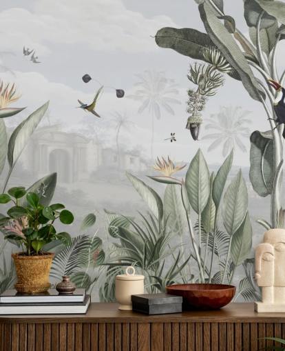 white and green customizable vintage jungle wallpaper called Botanical Beauty by Sir Edward for living room