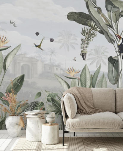 hvid og grøn tilpasselig vintage jungle tapet kaldet Botanical Beauty af Sir Edward til stuen hvid og grøn tilpasselig vintage jungle tapet kaldet Botanical Beauty af Sir Edward til stuen