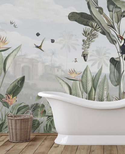papier peint vintage de la jungle personnalisable blanc et vert appelé Botanical Beauty par Sir Edward pour le salon papier peint vintage de la jungle personnalisable blanc et vert appelé Botanical Beauty par Sir Edward pour le salon