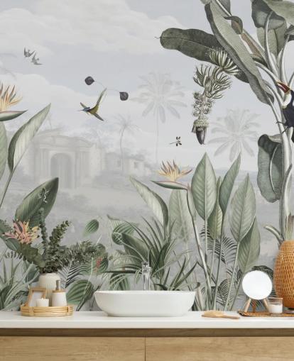 papel pintado vintage personalizable blanco y verde de la jungla llamado Botanical Beauty de Sir Edward para sala de estar