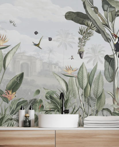 papel pintado vintage personalizable blanco y verde de la jungla llamado Botanical Beauty de Sir Edward para sala de estar