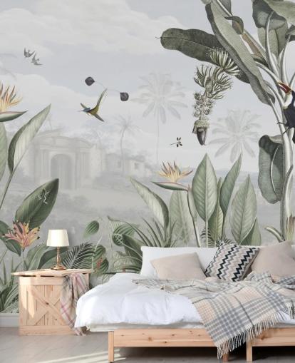 white and green customisable vintage jungle wallpaper called Botanical Beauty by Sir Edward for living room