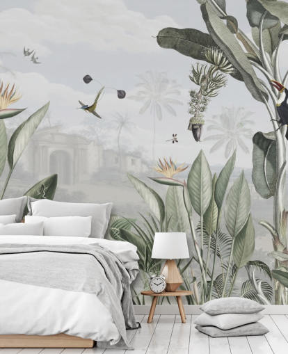 papier peint vintage de la jungle personnalisable blanc et vert appelé Botanical Beauty par Sir Edward pour le salon