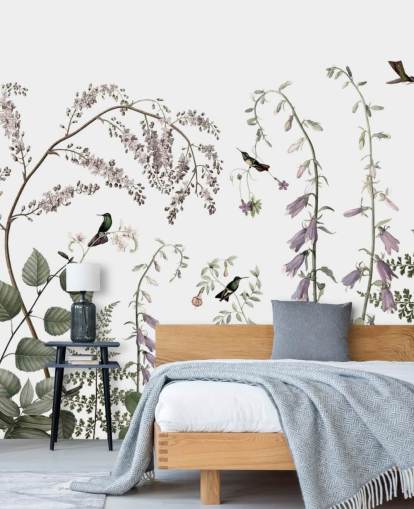 pale green, pink and white botanicals with hummingbirds wall mural