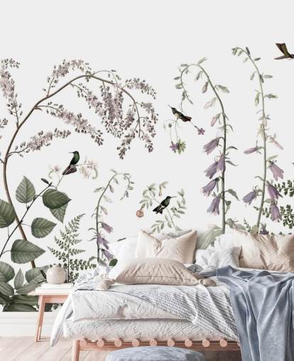 pale green, pink and white botanicals with hummingbirds wall mural pale green, pink and white botanicals with hummingbirds wall mural