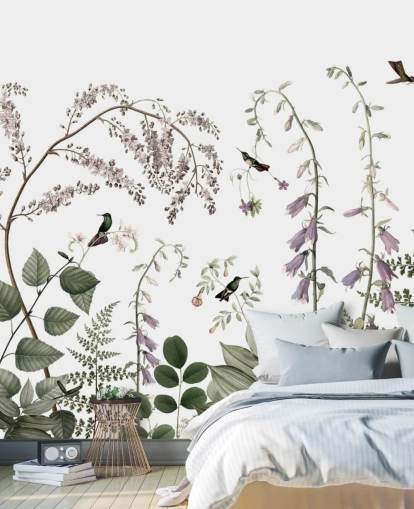 lichtgroene, roze en witte botanicals met kolibries muurschildering