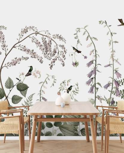 mural de pared botánicos de color verde pálido, rosa y blanco con colibríes