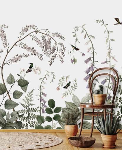 pale green, pink and white botanicals with hummingbirds wall mural
