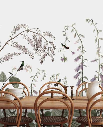 Décoration murale botanique vert pâle, rose et blanc avec des colibris