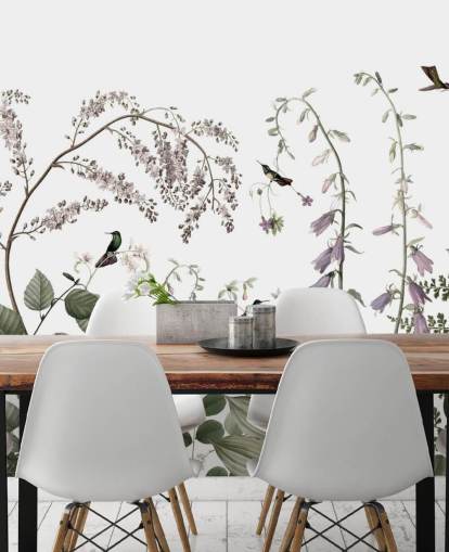 lichtgroene, roze en witte botanicals met kolibries muurschildering