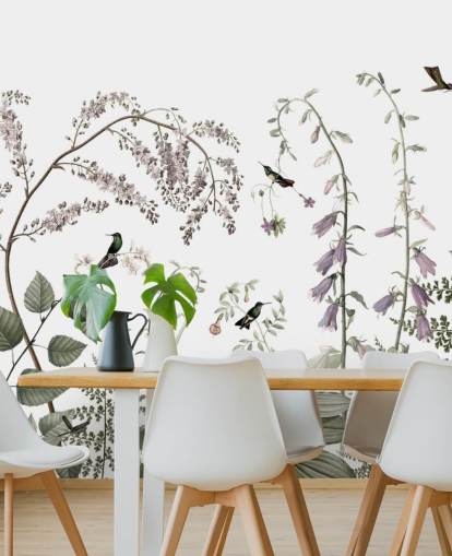 Decorazione murale con piante verdi pallide, rosa e bianche con colibrì Decorazione murale con piante verdi pallide, rosa e bianche con colibrì