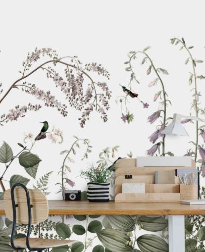 Decorazione murale con piante verdi pallide, rosa e bianche con colibrì