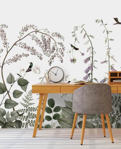 ljusgröna, rosa och vita växter med kolibrier väggmålning