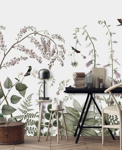 pale green, pink and white botanicals with hummingbirds wall mural