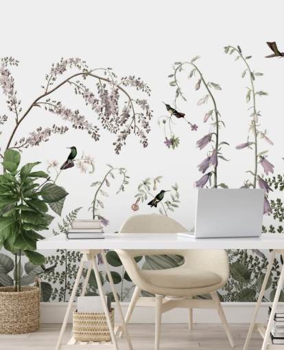 mural de pared botánicos de color verde pálido, rosa y blanco con colibríes mural de pared botánicos de color verde pálido, rosa y blanco con colibríes