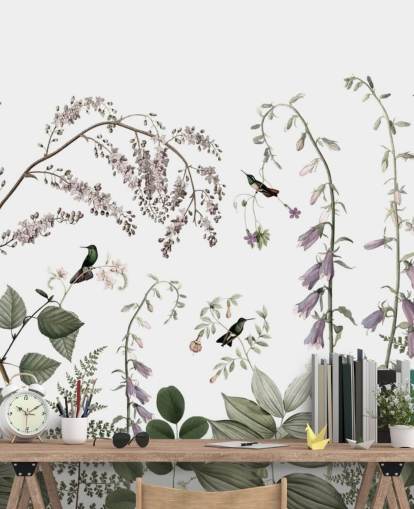 mural de pared botánicos de color verde pálido, rosa y blanco con colibríes