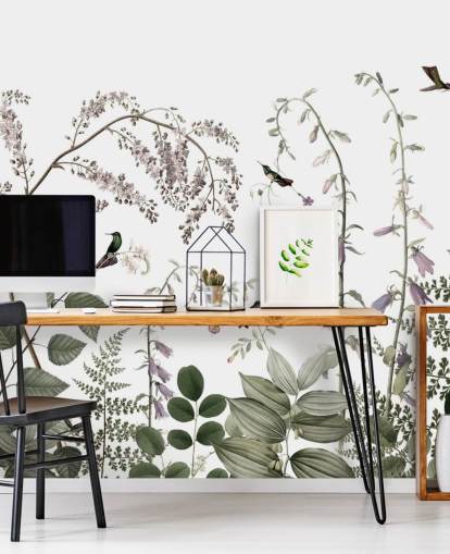 Decorazione murale con piante verdi pallide, rosa e bianche con colibrì