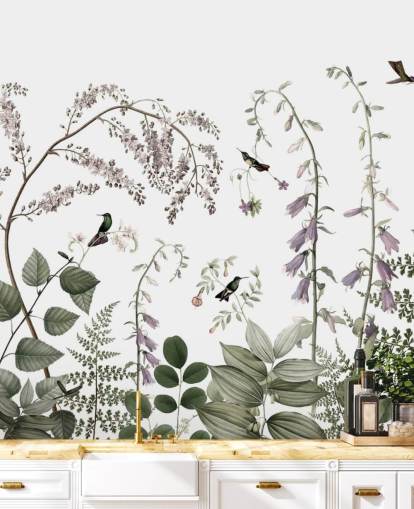 Decorazione murale con piante verdi pallide, rosa e bianche con colibrì