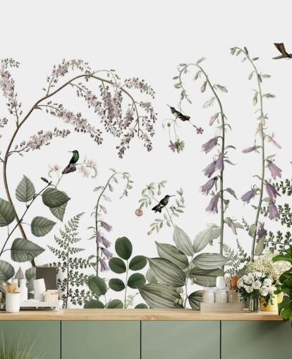 mural de pared botánicos de color verde pálido, rosa y blanco con colibríes