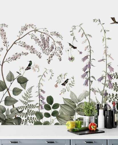 lichtgroene, roze en witte botanicals met kolibries muurschildering