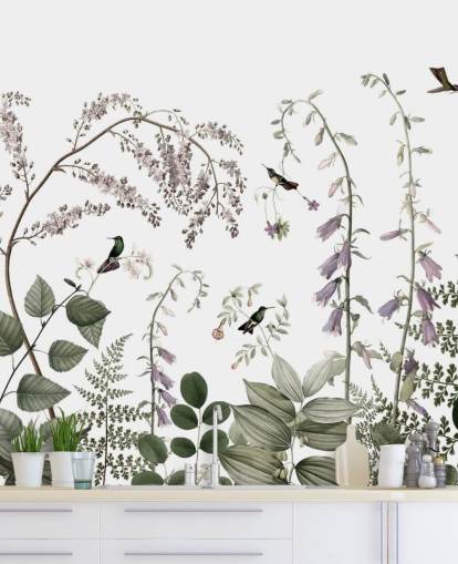 pale green, pink and white botanicals with hummingbirds wall mural