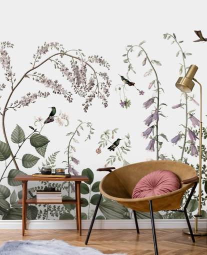 Décoration murale botanique vert pâle, rose et blanc avec des colibris