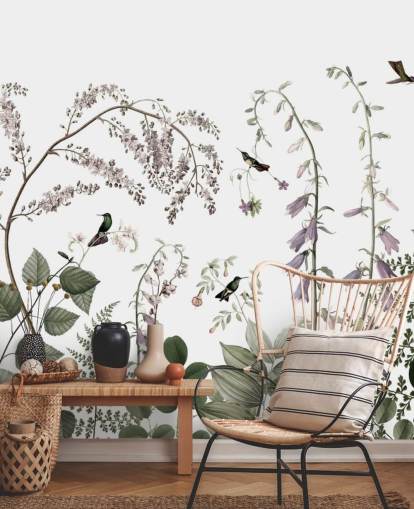 Decorazione murale con piante verdi pallide, rosa e bianche con colibrì