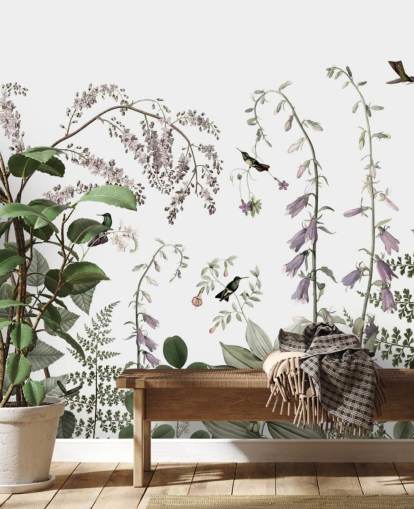 mural de pared botánicos de color verde pálido, rosa y blanco con colibríes mural de pared botánicos de color verde pálido, rosa y blanco con colibríes