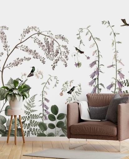 botânicos verde pálido, rosa e branco com mural de beija-flores