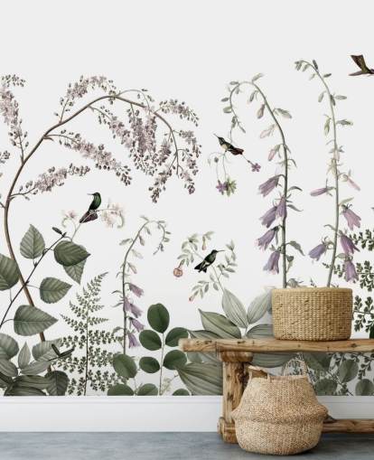 pale green, pink and white botanicals with hummingbirds wall mural pale green, pink and white botanicals with hummingbirds wall mural
